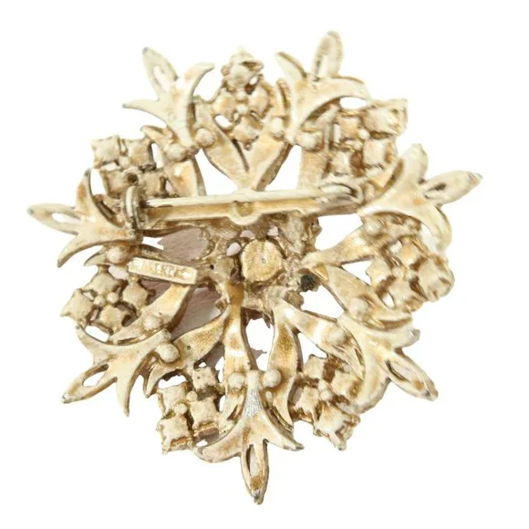 Vintage FLORENZA Pink Rhinestone Gold Tone Antiqued Enamel Flower Brooch - Picture 4 of 5